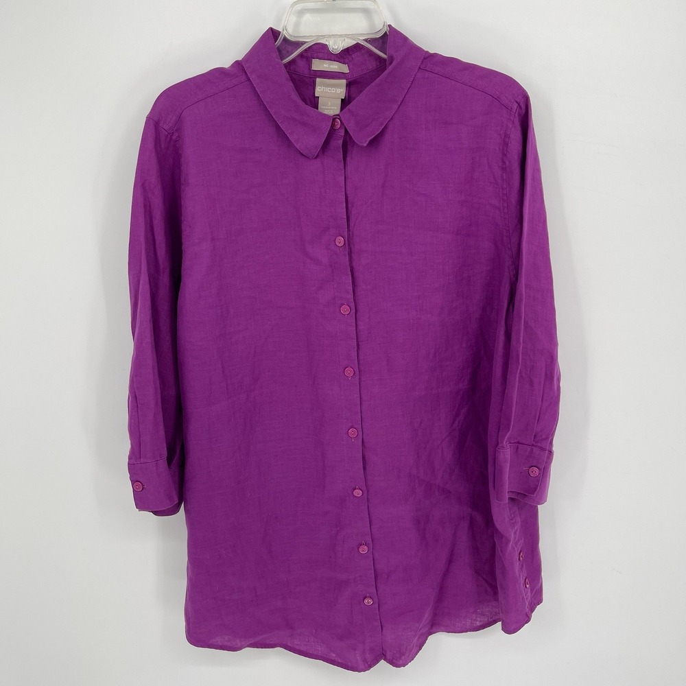 Chico's Women's Purple No Iron Linen Long Sleeve Button Front Shirt Size 3 16-18